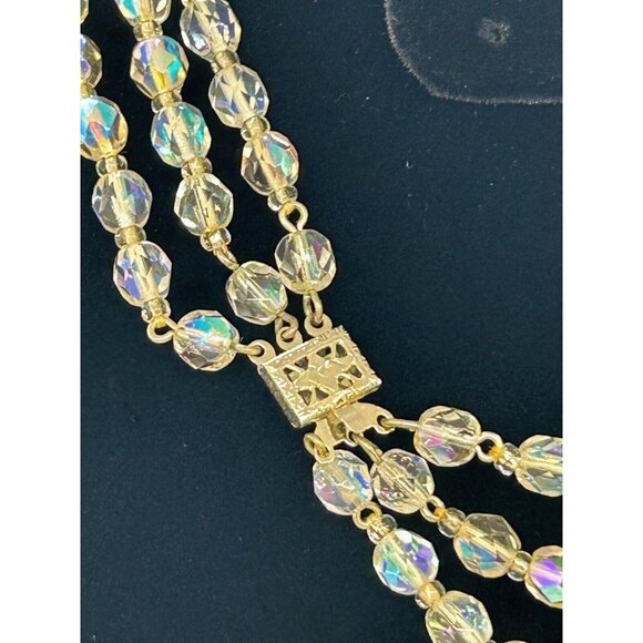 Aurora Borealis Glass Necklace 3 Strand Graduated Length 17 in Silver-tone Clasp - Picture 4 of 5